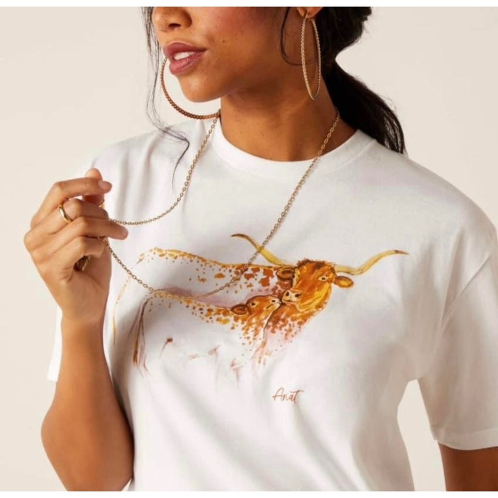 Ariat Womens Boyfriend Fit Graphic Tee Small New Longhorn Cow  Short‎ Sleeve
